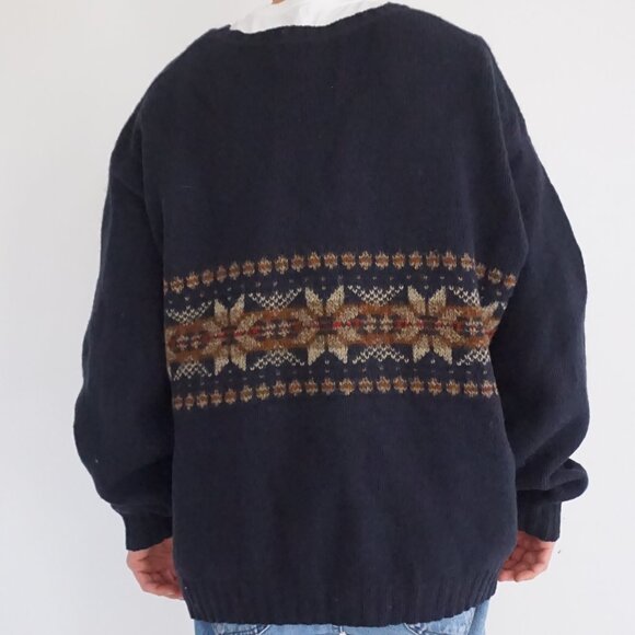 Vintage Eddie Bauer Navy Wool Fair Isle Cabincore Eclectic Grandpa Sweater XL - Picture 2 of 10